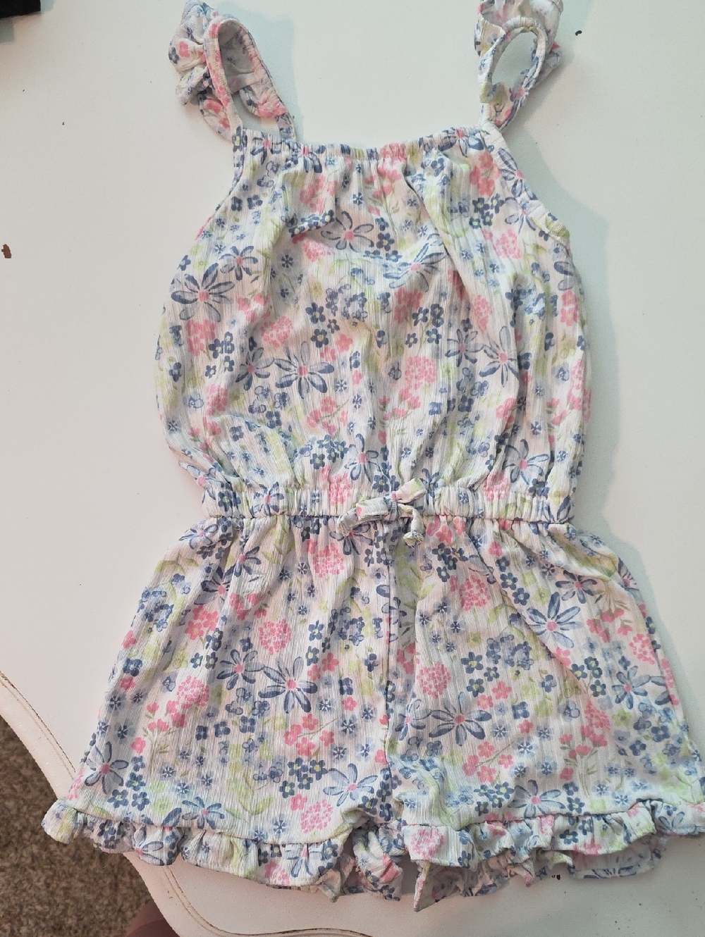 Girls Floral Ruffle Romper - Pink & Blue